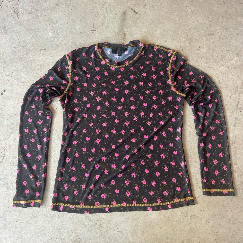 No. 6 Black and Pink Floral Long Sleeve Sheer Mesh Tee Never Worn!